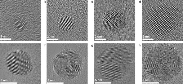 A series of electron micrographs of silver nanospheres of between two and ten nanometers in diameter