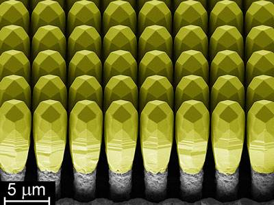 semiconductor structure: the yellow-coloured heads consist of monolithic germanium and the grey substrate is silicon
