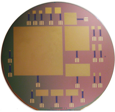 This silicon wafer consists of glucose fuel cells of varying sizes