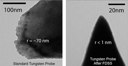 A traditionally etched tungsten STM probe, sharpened to a 1-nanometer point after bombarding it with ions