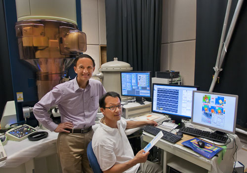 Brookhaven physicists Yimei Zhu (back) and Myung-geun Han