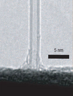 TEM image of the nanomechanical resonator made from a double-walled carbon nanotube