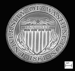 An etching of the University of Washington seal made using an electron beam lithography machine