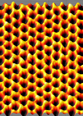 This image of a single suspended sheet of graphene taken with TEAM 0.5, shows individual carbon atoms (yellow) on the honeycomb lattice