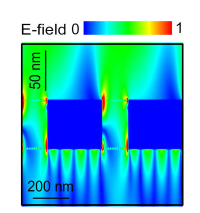 computer simulation showing the strength of the electric field surrounding nanoscale gold strips hit with infrared light from above