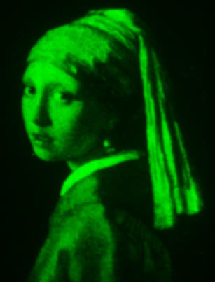 The protein patterning technique's flexibility and precision is shown in a fluorescent microscale version of 'Girl with a Pearl Earring'