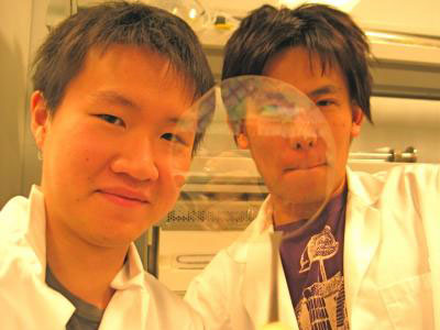 See-through circuit makers: Hsaioh-Kang Chang, left, and Fumiaki Ishikawa, with their transparent, flexible transistor array