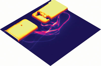 This 3D microscopic image of a simple nanotube device is taken with photothermal current microscopy performed in Jiwoong Park's lab. The two yellow blocks are electrodes, and strung between them are carbon nanotubes
