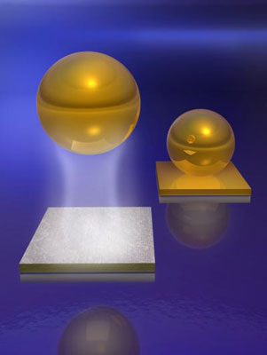 This is an artist's rendition of how the repulsive Casimir-Lifshitz force between suitable materials in a fluid can be used to quantum mechanically levitate a small object of density greater than the liquid