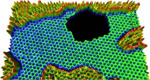 This 3D rendering of a graphene hole imaged on TEAM 0.5 shows that the carbon atoms along the edge assume either a zigzag or an armchair configuration. The zigzag is the more stable configuration and shows promise for future spintronic technologies