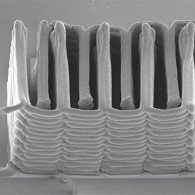 interlaced stack of electrodes that were printed layer by layer to create the working anode and cathode of a microbattery