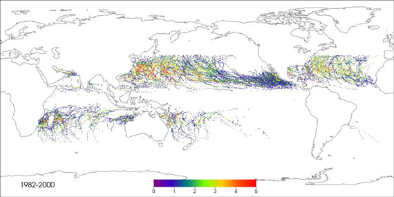 A computer simulation of hurricanes from category 1 through 5 over 18 years