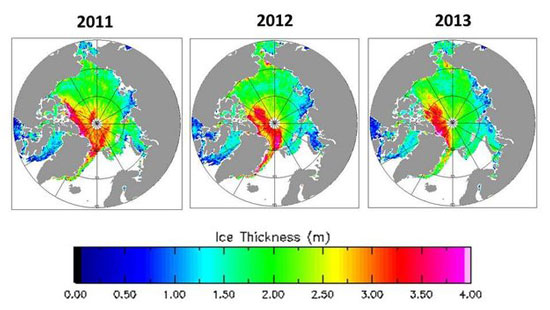 Variations in Arctic spring ice thickness 