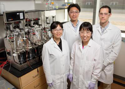 University of Illinois food science and human nutrition professor Yong-Su Jin (standing, left) and (clockwise) graduate student Joshua Quarterman, EBI Fellow Soo Rin Kim and postdoctoral researcher Na Wei