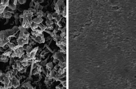 Images from a scanning electron microscope show the surfaces of battery anodes