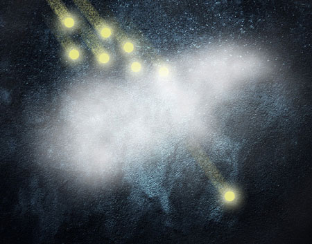 An artist's conception shows how any number of incoming photons (top) can be absorbed by a cloud of ultra-cold atoms (center), tuned so that only one single photon can pass through at a time