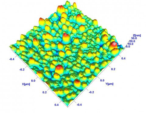 3D atomic force microscope topography image of metallic nanoparticles deposited on graphite