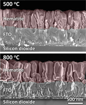 False-color scanning electron micrographs of cross-sectioned hematite films