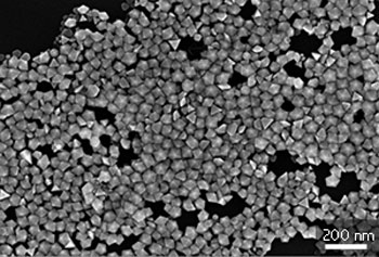 Scanning-electron micrograph of an ensemble of highly uniform silver nanodecahedrons