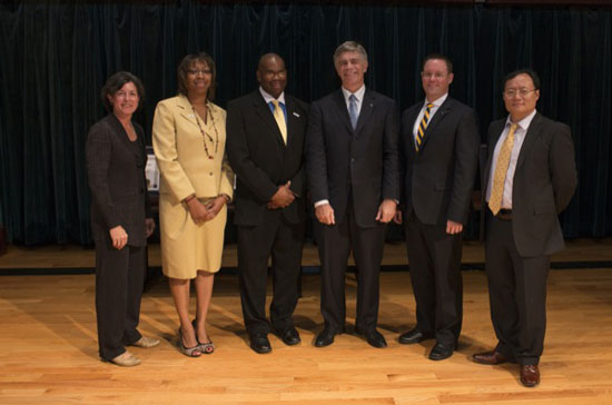 Pictured are (from left) Karen A. Stout, Taesha Mapp-Rivera, Darryl P. Conway, UD President Patrick Harker, Andrew T. Hill and Joseph Chen.