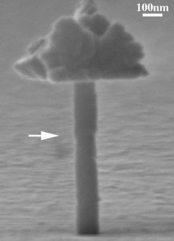 A copper and iron nanopillar that has been implanted with helium