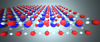 A rendering of the infinite layer cuprate superconductor structure. White is oxygen, red is copper and blue is strontium or lanthanum