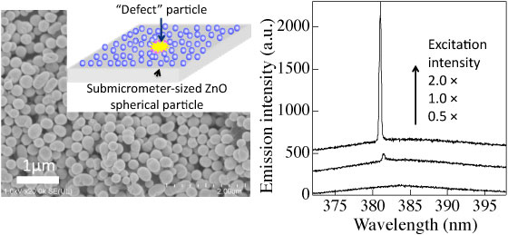  Electron micrograph of a submicrometer-sized ZnO spherical particle film and a schematic diagram of a proposed random laser element