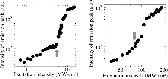 Excitation intensity dependences of the intensities of the emission peaks