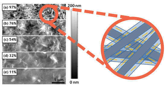 Atomic force micrograph of nanowire-polymer composite films of varying composition, and schematic of highly conductive interfacial phase