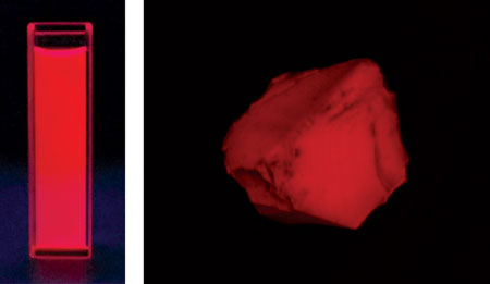 The ABPX dye produces fluorescence in both solution (left) and aggregate state (right)