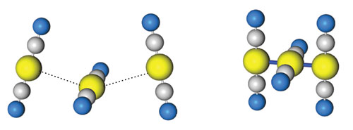 A gold(I)–dicyanide trimer chain (left) changes from a bent geometry to a linear structure with short gold–gold bonds (right) on photoexcitation