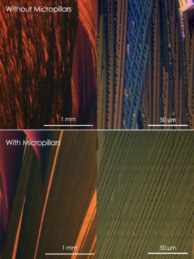 cross-polarized optical micrograph comparing a sample of an organic semiconducting film 