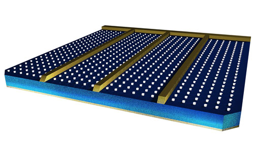 A solar panel with rows of aluminium studs and large electrical connections