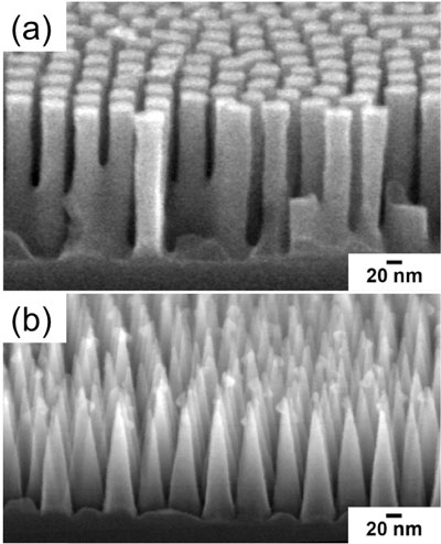 silicon surface textured with (a) cylindrical pillars and (b) nanocones