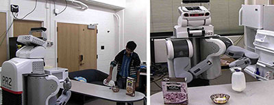 After observing a person making cereal, left, a robot puts the milk away
