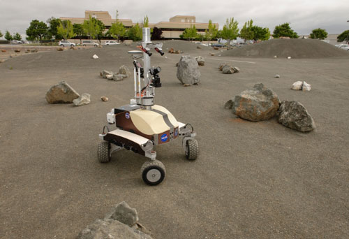K10 Black planetary rover navigates the boulder field in the Roverscape