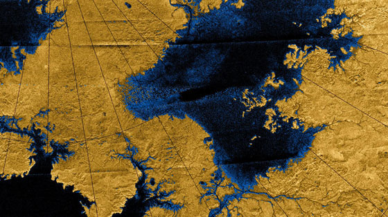 Images from the Cassini mission show river networks draining into lakes in Titan's north polar region
