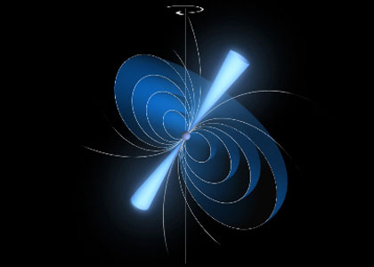 A pulsar with glowing cones of radiation stemming from its magnetic poles