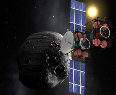 An intercept satellite races toward an asteroid