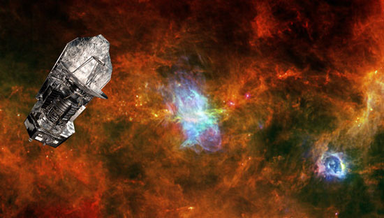 ESA’s Herschel space observatory set against a background image of the Vela C star-forming region