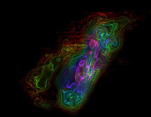 False-colour visualization of the data collected by ALMA of the starburst galaxy NGC 253