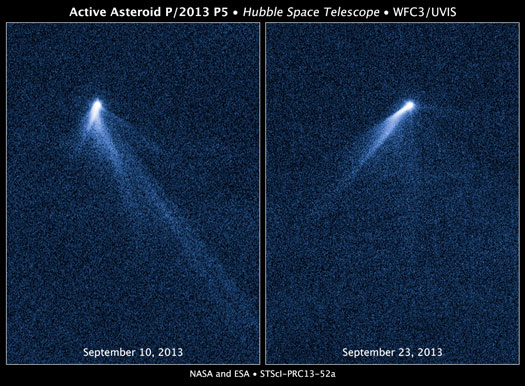 six comet-like tails radiating from a body in the asteroid belt, designated P/2013 P5