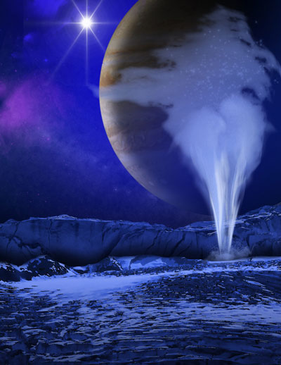 This is an artist's concept of a plume of water vapor thought to be ejected off the frigid, icy surface of the Jovian moon Europa