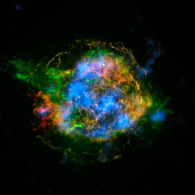 Superimposed images of the Cas A supernova remnant taken by NASA’s Chandra and NuSTAR orbiting telescopes