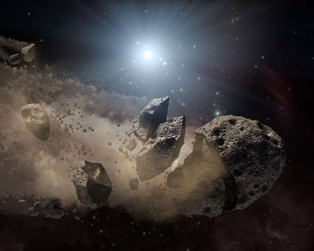 An artist's impression of an asteroid breaking up