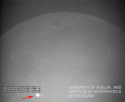 An image of the flash resulting from the impact of a large meteorite on the lunar surface