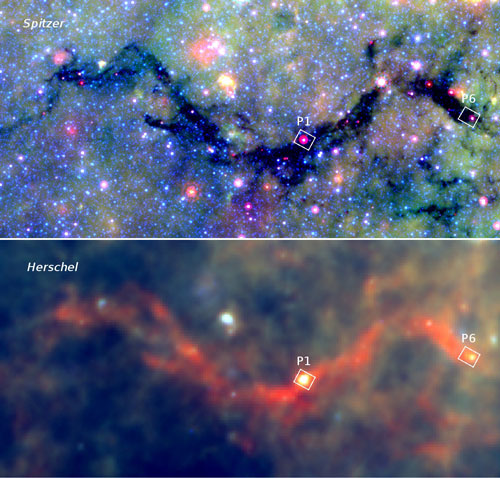 Snake nebula as photographed by the Spitzer and Herschel space telescopes