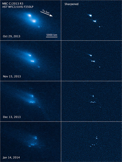 This series of Hubble Space Telescope images reveals the breakup of an asteroid