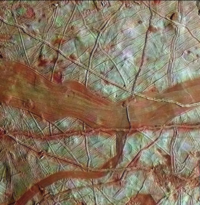 colorized surface image of moon Europa