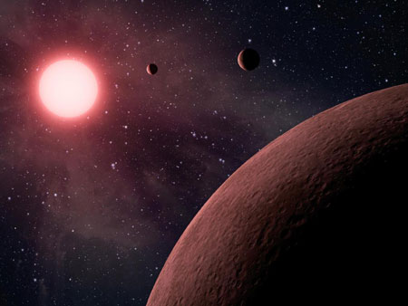Illustration of a low-mass, M dwarf star, seen from an orbiting rocky planet